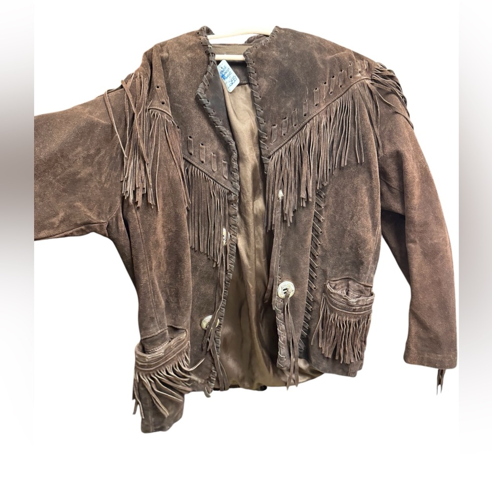Stunning Heavy Brown Leather Suede Fringe Coat 1970s Southwestern Navajo